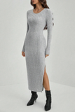 Vestido Longo Muse Outono/Inverno Malha Listrada Decote em U Elástico