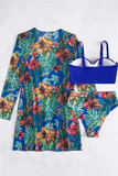 Conjunto de biquíni 3 peças  Cover Up Swimwear Feminino Tropical Estampado Maiô Push Up Beachwear Manga Longa