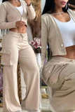 Conjunto de duas peças primavera/outono decote em V com botão manga comprida e calça boca de sino