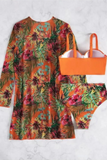 Conjunto de biquíni 3 peças  Cover Up Swimwear Feminino Tropical Estampado Maiô Push Up Beachwear Manga Longa